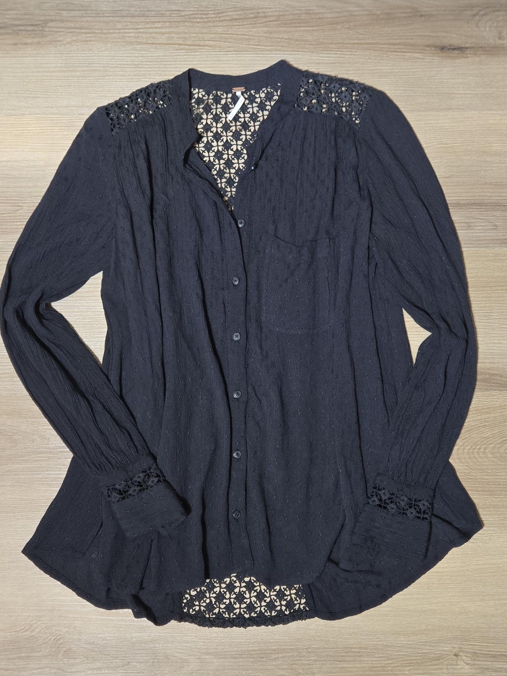 Free People Black Button-Front Lace-Trim Blouse